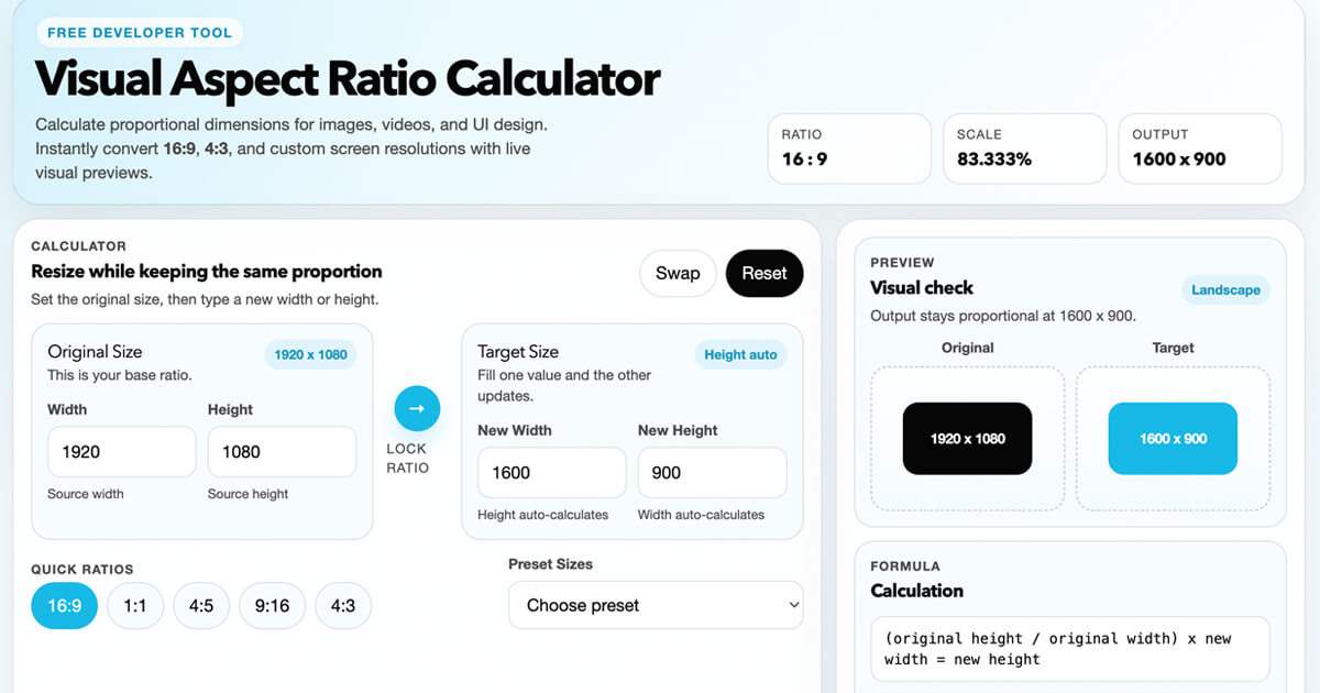 Aspect Ratio Calculator (2026) – Fast 16:9 & 4:3 Visual Tool